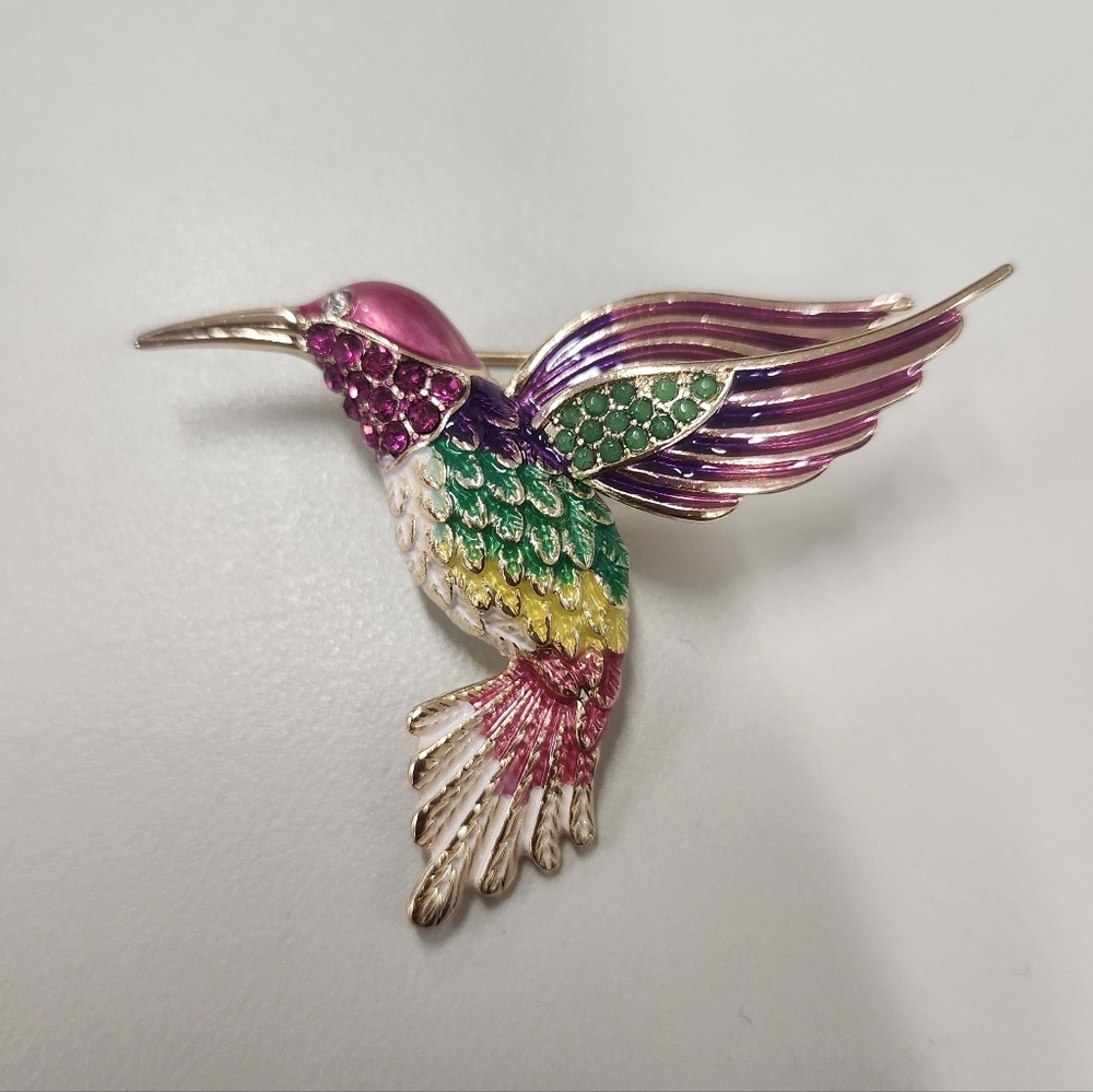 Napier Colorful Hummingbird Brooch Pin Gold-tone Enamel Rhinestone Bird